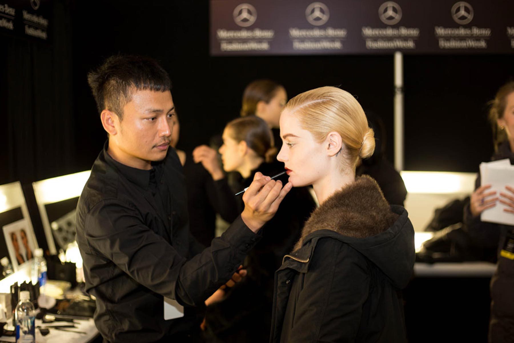 BACKSTAGE AND RUNWAY NAEEM KHAN FALL WINTER 2014 Mercedes Benz Fashion Week